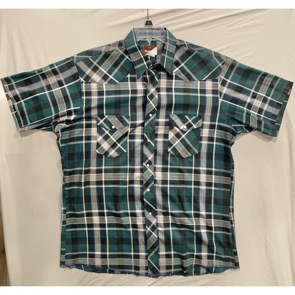 Wrangler Western Snap Shirt XLT Green Plaid Short Sleeve Pearl Snap Cowboy Rodeo - Picture 1 of 8